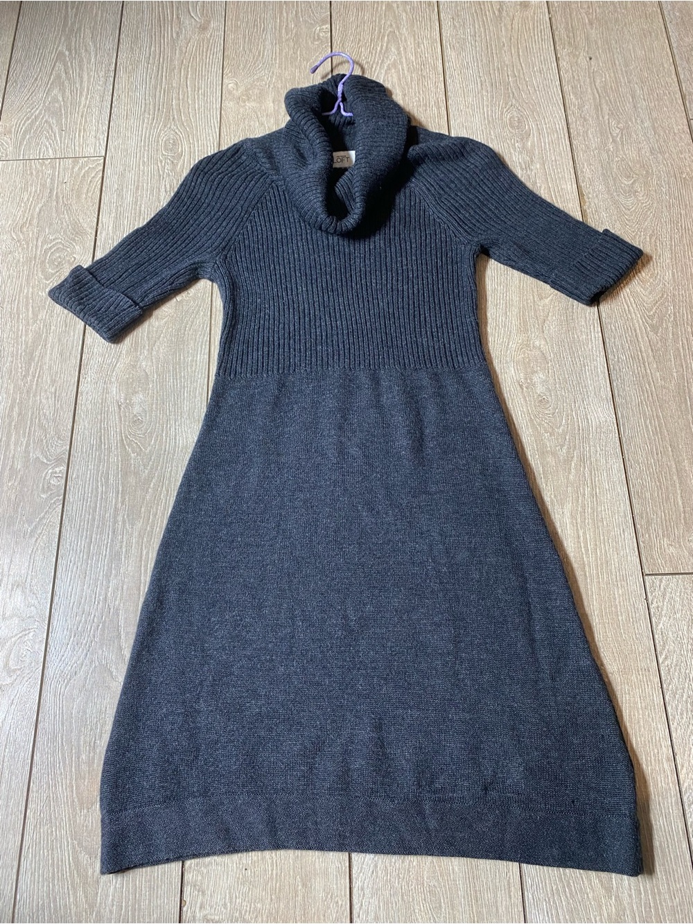 Ann Taylor LOFT Charcoal Gray Cowl Neck Ribbed Knit Sweater Dress Vintage Small